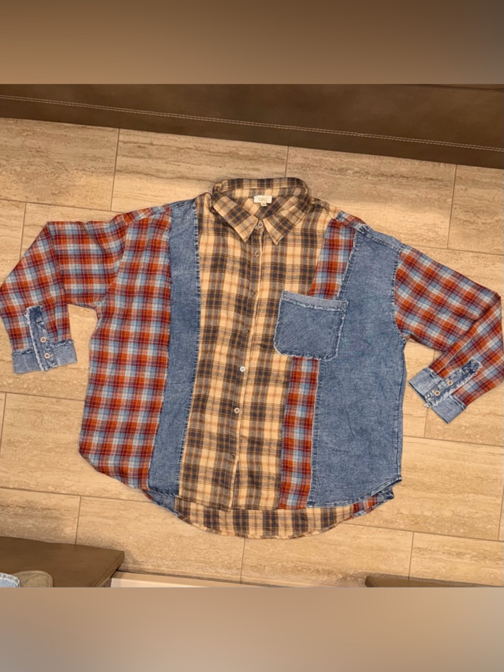 ODDY/ODDI Denim Patchwork Mix bohemian Style flannel long sleeve Size 2XL